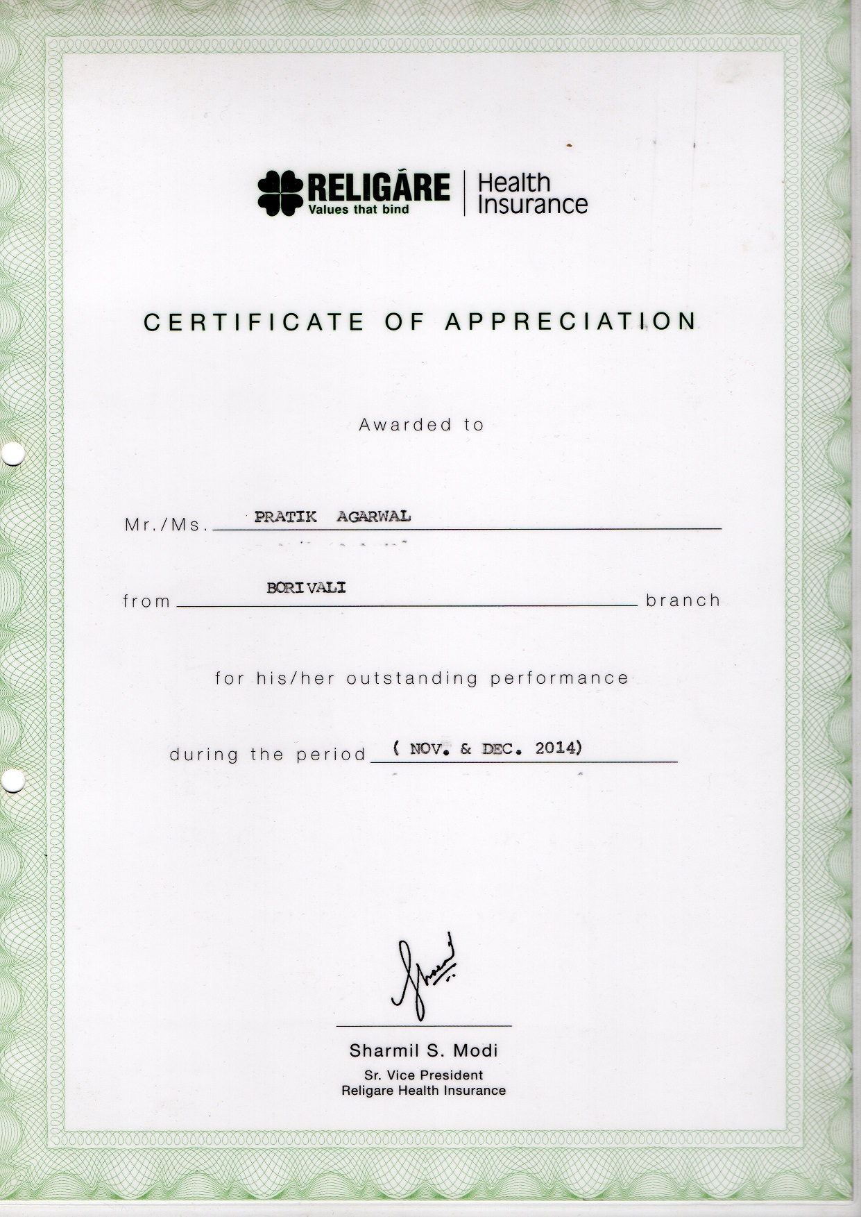 Religare Certificate Of Appreciation